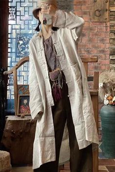 Plus Size-Vintage White Linen Buckle Long Coat