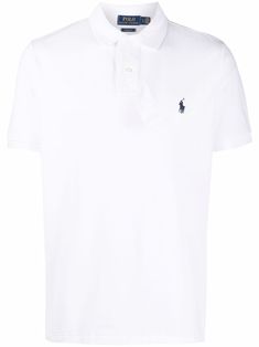 Bright white cotton Polo Pony-embroidered polo shirt from Ralph Lauren Collection featuring signature Polo Pony motif, polo collar, front button placket, short sleeves, ribbed cuffs and straight hem. Classic Summer Polo Collar T-shirt, White Polo Shirt With Polo Collar For Summer, White Polo Shirt For Summer, White Summer Polo Shirt, Classic Polo Collar T-shirt For Summer, Classic White Polo Shirt With Embroidered Logo, Fitted Cotton Polo Shirt With Branding, White Polo Collar T-shirt For Work, Classic White Collared Shirt