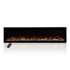 an electric fireplace with remote controls on the side and flames in the middle, as well as