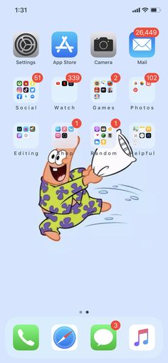 the cartoon character is playing with an object on his cell phone, and it looks like he