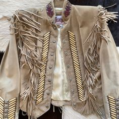 Warm, Great Condition Fitted Outerwear With Beaded Fringe For Fall, Fitted Beaded Fringe Outerwear For Fall, Fitted Beige Outerwear For Festivals, Beaded Jacket, Vintage Suede, Bomber Jackets, Hand Beading, Bomber Jacket, Jackets & Coats