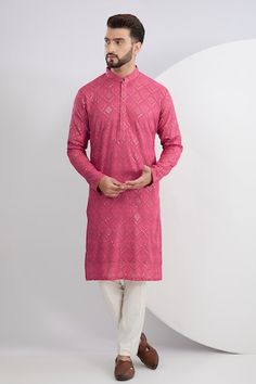 Pink kurta with chikankari thread embroidered floral and checkered motifs, embellished by sequins. Comes with a pant. - Aza Fashions Cotton Kurta For Men, Chikankari Kurta Set, Chikankari Kurta, Pink Kurta, Kurta For Men, Kurta Set For Men, Pink Thread, Cotton Kurta, Kurta Set