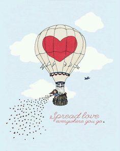 a drawing of a hot air balloon with a heart shaped balloon flying in the sky