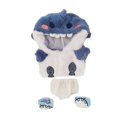 a blue and white stuffed animal outfit with two pairs of slippers on the bottom