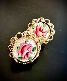 Dainty Guilloche Rose Floral Earrings with Pretty Flower petal setting, Goldtone, Vintage Screw Backs ✨In Excellent Vintage Condition✨ Will gift nicely 🎀 www.mysoulrepair.com Formal Pink Round Flower Earrings, Formal Pink Flower Earrings, Pink Victorian Earrings For Gift, Formal Flower Shaped Clip-on Jewelry, Victorian Style Pink Earrings For Gift, Elegant Floral Print Earrings, Elegant Adjustable Rose Design Earrings, Vintage Rose Gold Flower Earrings, Formal Rose Flower Earrings