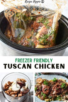 freezer friendly tuscann chicken in a slow cooker with text overlay