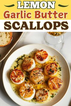 lemon garlic butter scallops on a white plate