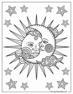 the sun and moon face with stars in the sky coloring page for kids to color