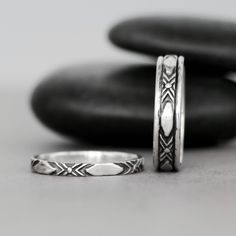 This beautiful Sterling Silver Southwestern Wedding Band Set features features a wide geometric pattern. The band is reminiscent of the designs favored by the Navajo. We are happy to create this band for you in a variety of sizes and finishes. For the Narrow Band: This Sterling Silver band measures 3 mm wide (approximately .12 inches). The Southwestern pattern continues unbroken around the entire band. The inside of the band has been smoothed for a comfortable fit, and is gently curved for comfo Bohemian Stackable Wedding Jewelry, Silver Southwestern Style Wedding Ring, Southwestern Style Silver Wedding Rings, Bohemian Adjustable Stackable Wedding Rings, Bohemian Stackable Adjustable Rings For Anniversary, Bohemian Adjustable Stackable Rings For Anniversary, Bohemian Etched Rings For Wedding, Southwestern Wedding, Branch Engagement Ring