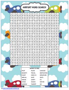 a printable airport word search with cars and clouds in the sky on blue background