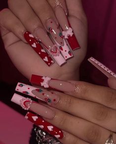 Valentines Nails Baddie, Cute Baddie Nails Acrylic, St Valentine Nails, Baddie Birthday Nails Long, Aesthetic Y2k Nails, Y2k Valentines Nails, Red Baddie Nails, Baddie Birthday Nails, Strawberry Nails