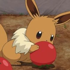 a pokemon pikachu holding a tomato in its mouth while standing on the ground