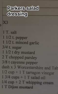 the menu for parkers salad dressing