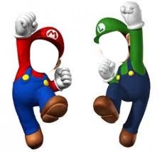 two super mario bros characters jumping in the air