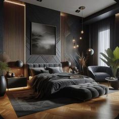 a modern bedroom with black walls and wood flooring, large bed in the middle