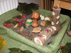 a green basket filled with lots of different types of mushrooms and leaves on top of a table