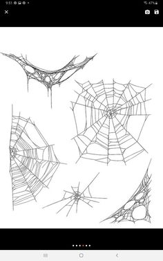 four spider webs are shown in black and white