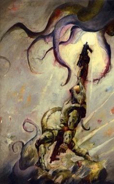 a painting of a person on a horse with an octopus in it's mouth