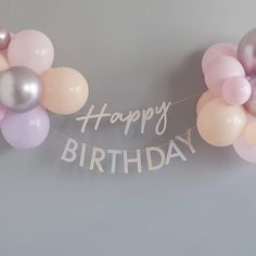 a happy birthday banner with balloons and streamers