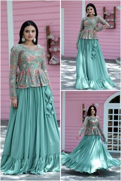 Designer Printed With Foil Embroidery Work ReadytoWear co-ordset lehenga top,pakistani lehenga choli Indian Festival WearLehenga choli set 👉🏻 Lehenga:- (Full-Stitched 👉🏻 Fabric & Work:- Faux Georgette 👉🏻 Length :- 42'' 👉🏻 Waist  :- 42'' 👉🏻 Stitching Type :- stitched with Frills  👉🏻 Inner:- Crepe silk 👉🏻 Flair  :- 5.5 Mtr 👉🏻 Closure :- Chain Attached & With Potli-Latkan 👉🏻 Blouse:- (Full-stitched 👉🏻 Fabric & work :- Faux Georgette With rich Flower Print with Embroidered & Sequ Ghagra Designs, Indian Asthetics, Spring Dress Trends, Plain Lehenga, Mehendi Function, Choli Design, Beautiful Boho Dresses, Long Blouse Designs, Haldi Outfits