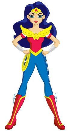 a cartoon girl with blue hair and red boots, standing in front of a white background