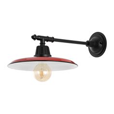 a red and white wall light with an arm that is attached to the side of it