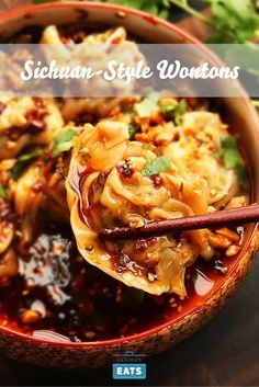 The spicy and aromatic sauce coating these tender pork wontons is the real star of this Sichuan classic. Wonton Chili Sauce, Spicy Wontons With Chili Oil, Spicy Dumpling Sauce, Sichuan Dumplings, Sichuan Pork, Spicy Dumplings, Spicy Wontons, Chili Oil Sauce, Pork Wontons