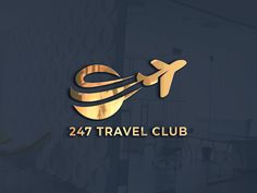 the logo for 247 travel club is gold and black with an airplane flying over it