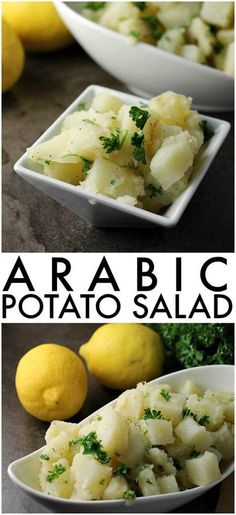 two pictures of potato salad with lemons and parsley