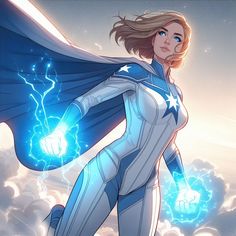 a woman in a blue and white suit with lightning coming out of her chest,