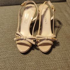 Very Comfortable Shoes,Still In Good Condition,They Have A Little Rip You Can See It In The Picture And Some Little Spots. Beige Ankle Strap Heels With Branded Insole, Shoes Color, Prada Shoes, The Picture, See It, Comfortable Shoes, Shoes Women Heels, Homecoming, Prada