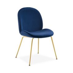 a blue chair with gold legs