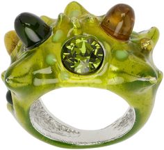 Hand-enameled recycled pewter signet ring in green. · Spikes throughout · Green Swarovski crystal cabochons at face Supplier color: Lime multi Green Cabochon Enamel Jewelry, Unique Green Metal Ring, Alien Ring, Green Alien, Spring Color Palette, Spring Colors, Signet Ring, Womens Jewelry Rings, Swarovski Crystal