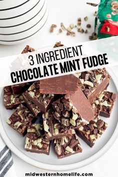 three ingredient chocolate mint fudge on a white plate with text overlay that reads 3 ingredient chocolate mint fudge