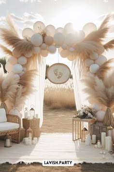 an outdoor wedding ceremony with balloons and feathers