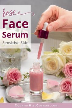 Learn how to make a soothing DIY serum for sensitive at home. This face serum is best for for glowing skin, anti aging, and dry skin care. Formulated with natural ingredients, rose hip oil and essential oils, the moisturizing serum can restore suppleness, collagen, and the skin barrier. The comprehensive beauty product recipe shares the benefits and tips for applying and formulating homemade facial serums. Fresh rose glow serum is good for day or night. #serum | CountryHillCottage.com Skin Serum Diy, Facial Serum Recipe, Rose Serum, Essential Oil Anti Aging, Diy Serum, Diy Rose, Diy Skin Care Recipes, Diy Roses