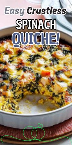 an easy crustless spinach quiche in a white casserole dish on a red plate