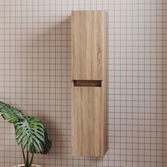 a wooden cabinet next to a potted plant in a room with tiles on the wall