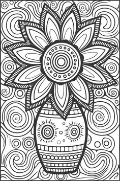 a flower in a vase with swirls and dots on the background, coloring pages for adults