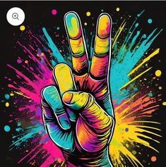 a hand with the peace sign painted on it's fingers is in front of colorful paint splatters