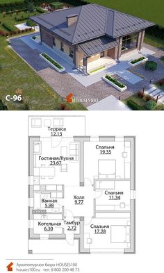 two story house plan with 3 bedroom and 2 bathrooms in the front, an open living area