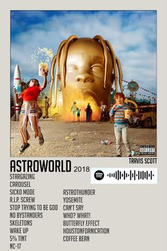 the poster for astroworld 2013 shows two young boys standing in front of a large golden head