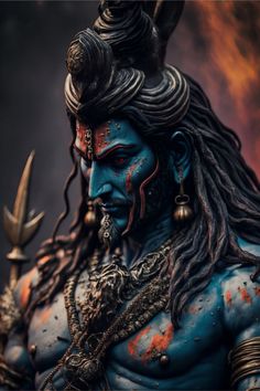 the statue is painted blue and has long dreads on his head, with red paint all over it