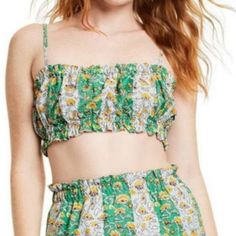 Nwt Rhode Green Floral Crop Top, M,L, Xxl & 1x Green Spring Crop Top For Brunch, Green Crop Top For Spring Brunch, Spring Green Crop Top For Brunch, Green Crop Top For Spring And Summer, Green Floral Print Crop Top For Beach, Green Floral Print Summer Crop Top, Beach Cotton Tops With Lemon Print, Green Printed Casual Crop Top, Casual Green Printed Crop Top