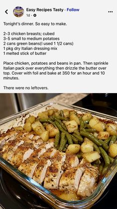 a pan filled with chicken, potatoes and green beans