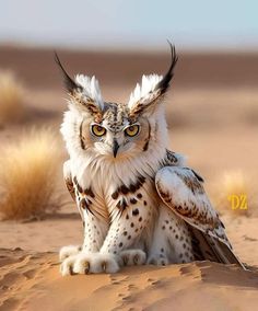 an owl sitting on top of a sandy dune in the middle of the desert with its eyes wide open