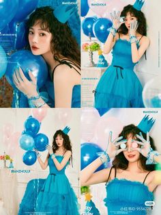 the girl is posing with balloons in front of her face and wearing a blue dress