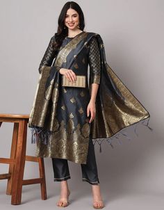 Traditional Function Wear Cotton Silk Jacquard Readymade Suit Grey Cotton Silk Jacquard Pant Straight Front View Grey Dupatta, Heavy Lehenga, Readymade Salwar Kameez, Organza Lehenga, Straight Cut Pants, Gotta Work, Designer Bridal Lehenga, Punjabi Salwar Suits, Salwar Kameez Designs