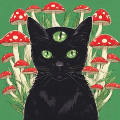 a black cat with green eyes sitting in front of mushrooms