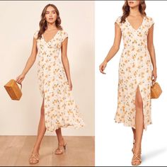 Brand New With Tags Fitted Floral Maxi Dress For Day Out, V-neck Midi Dress For Date In Summer, V-neck Midi Dress For Summer Date, Fitted V-neck Midi Dress For Date, Fitted Long Floral Dress For Brunch, Fitted Floral Midi Dress For Vacation, Chic Fitted Long Floral Dress, Feminine Dresses For Date, Chic Floral Print Dress For Date